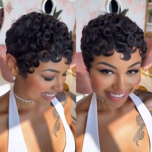VRZ Short Pixie Cut Wig Human Hair Glueless Pixie Cut Wigs for Black Women Natural Black Color for Daily Use Full Machine Made Wig No Glue Short Curly Human Hair Wig (Y19#DK Color)