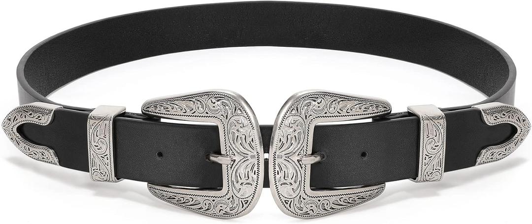 XZQTIVE Women Leather Belt Ladies Vintage Western Belt Retro Cowgirl Leather Belt Black Waist Belt for Pants Jeans Dresses (M: Fit Waist Size 28-30 Inches)