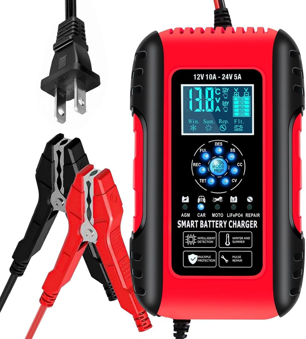 E-FAST Battery Charger 10-Amp 12/24V LiFePO4 Lead Acid Fully Automatic Battery Maintainer, Car Battery Trickle Charger Automotive w/Repair, Winter Mode, for AGM, STD, Gel, Deep Cycle Batteries