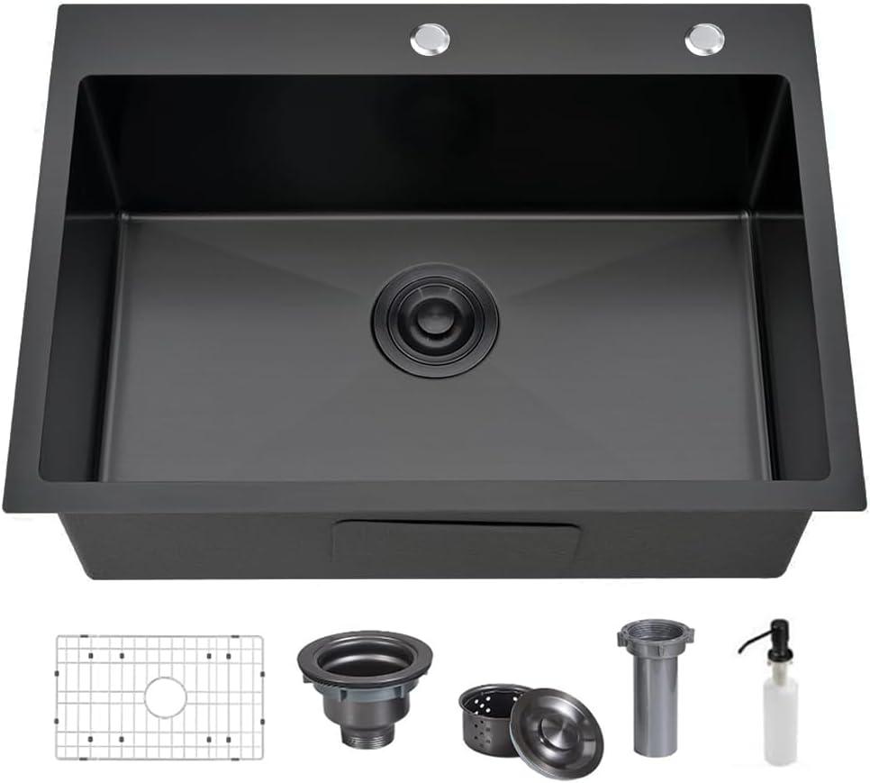 304 Stainless Steel Black Bar Sink, 24 X 18 Inch Drop In RV Kitchen Sink Modern Deep Single Bowl Topmount Wet Workstation Sink with Dish Grid & Drain, 24"x18"x9"