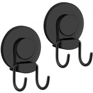 VIS'V Shower Suction Cup Hooks, Heavy Duty, Removable and Reusable, Double Hooks, Black, 2 Pcs