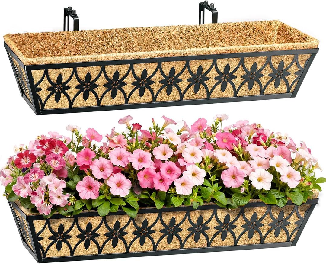 30 Inch Window Boxes Planters Railing Planter Box - 2 Pack Deck Railing Planter Boxes with Adjustable Brackets Coco Liners Balcony Planters Railing Hanging for Window Flower Boxes Outdoor Garden Decor