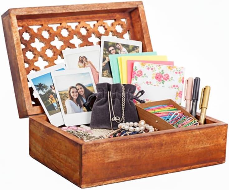 Mela Artisans Large Wooden Keepsake Box | Medium Polish Memory & Decorative Storage Box for Jewelry, Photos & Trinkets with Hinged Lid | vintage Storage Box | Trellis Design | 9 x 6 x 3.5