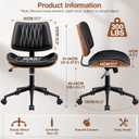 Ergonomic Armless Office Desk Chair - Mid-Century Modern Black Faux Leather with Diamond Stitch, Adjustable Height Swivel Rolling Task Computer Chair with Walnut Accent for Home Office, Study & Work