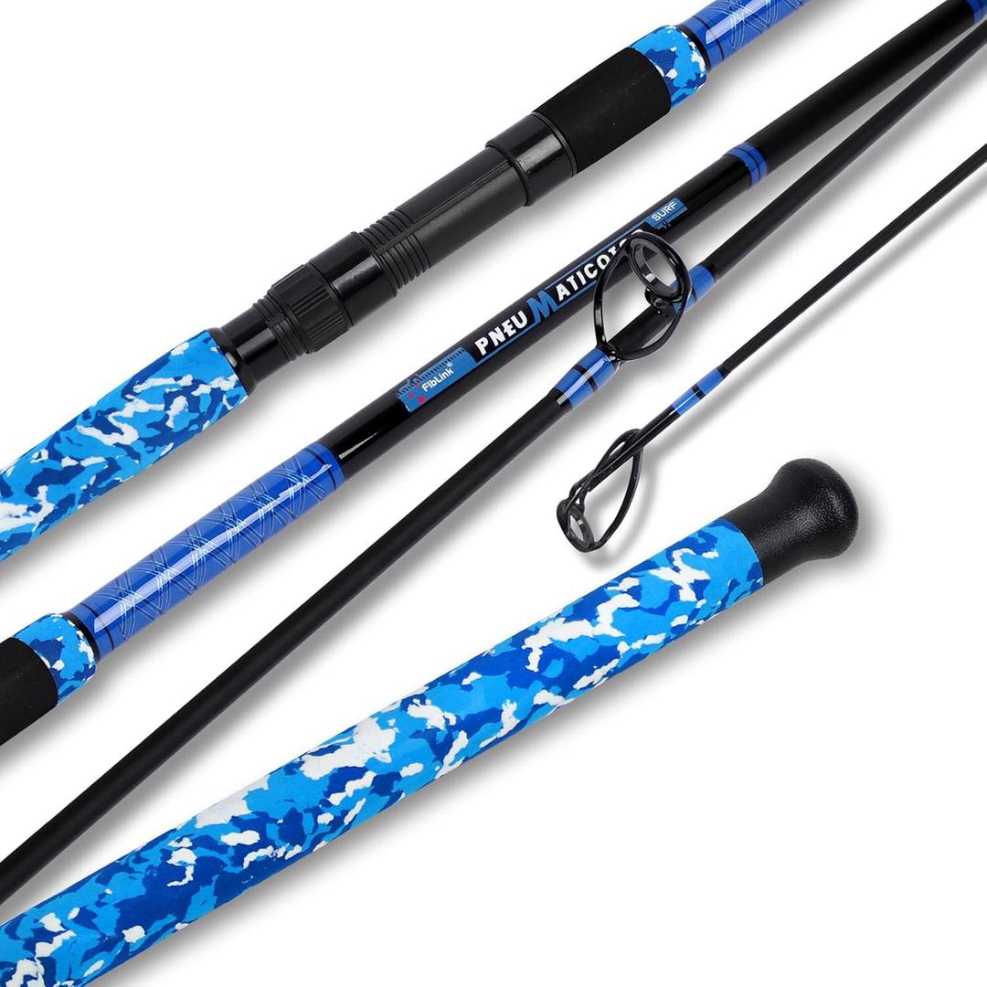 Fiblink Surf Rod,Portable Travel Fishing Rod,Spinning Rod with Blue Camouflage Handle, 4Piece Carbon Fiber Fishing Rod (9' - Medium Heavy - 15-30lb - 4pc)
