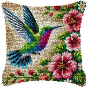 LAPATAIN Latch Hook Kits for Adults,Hummingbird Pattern Color Printed Canvas DIY Throw Pillow Cover,Beginners Handmade Needlework Crafts Home Decoration 17x17inch NP3