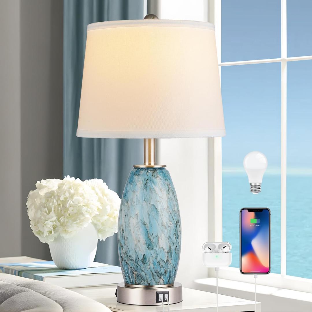 Glass Table Lamp for Bedroom & Bedside with 3-Way Lighting Modes & USB C+A - Coastal Modern Style Nightstand Lamp for Living Room & Bedroom Decoration (23.5" H)