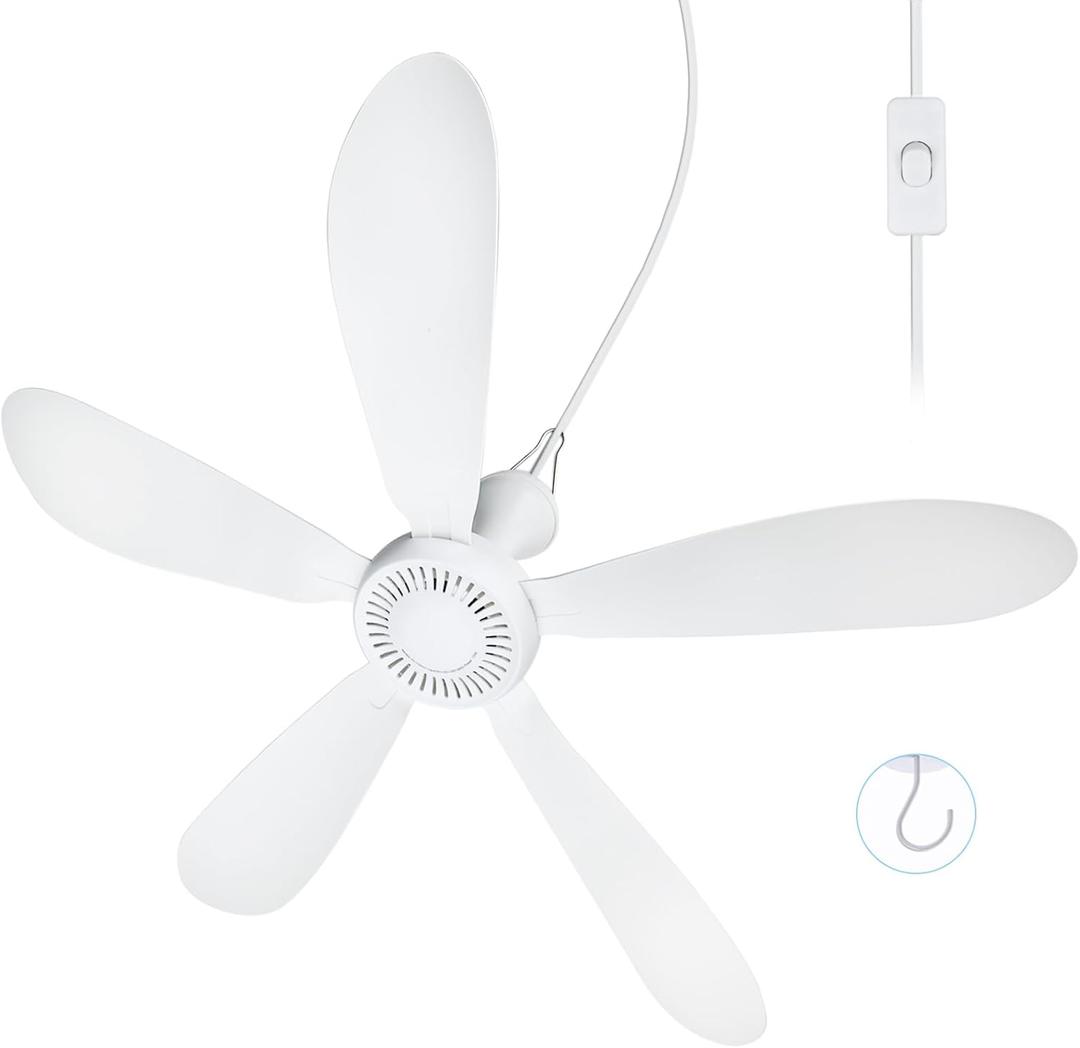 28inch AC 110V Portable Ceiling Fan with Switch, Plug in Ceiling Fan Hanging Fan with Hook for Gazebo Camping RV Tent Home Room Outdoor Indoor