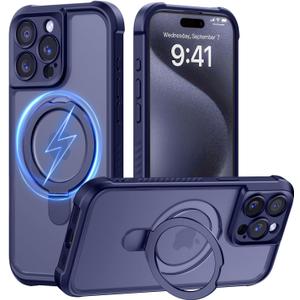 MOCCA Design for iPhone 15 Pro Case with Magnetic Invisible Stand [Full Camera Protection] [Compatible with Magsafe] Military Drop Shockproof Translucent Matte Phone Case Cover 6.1",Deep Blue