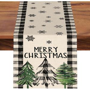 Merry Christmas Tree Dining Table Runner, Xmas Black White Buffalo Plaid Farmhouse Burlap Kitchen Decoration, Winter Holiday Snowflake Indoor Outdoor Home Decor Party Supply 13 x 72 Inches