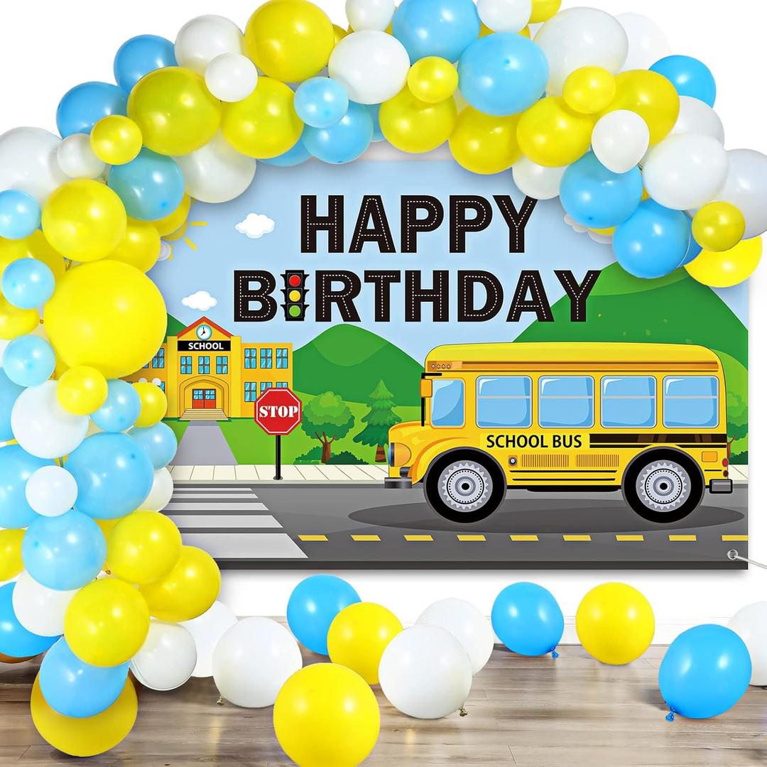 School Bus Birthday Party Decorations Theme Happy Backdrop Banner 92 Pieces Blue Yellow White Balloon Kit for Kids Boys Girls Back to Supplies