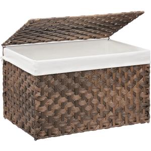 Wicker Storage Basket with Lid, 42.3 Gallon (160L) Large Blanket Basket with Lid, Woven Storage Bin with Handles, Removable Liner, Metal Frame, Foldable, for Bedroom, Laundry Room, Brown (160L:17.7 x 29.9 x 18.1 Inches)