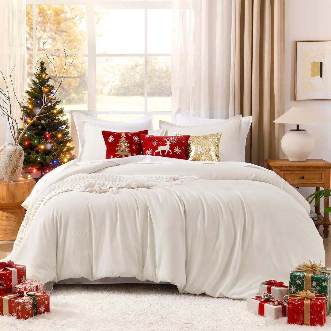 Litanika Comforter Set, Lightweight Solid Bedding Comforter Set, Fluffy Down Alternative Bed Set, Beige, Super King Plus