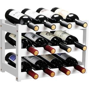 VASMIA Bamboo Wine Rack, Sturdy and Durable Wine Storage Cabinet Shelf, Wine Racks Countertop for Pantry,Kitchen,3-Tier 12 Bottles Wine Rack White