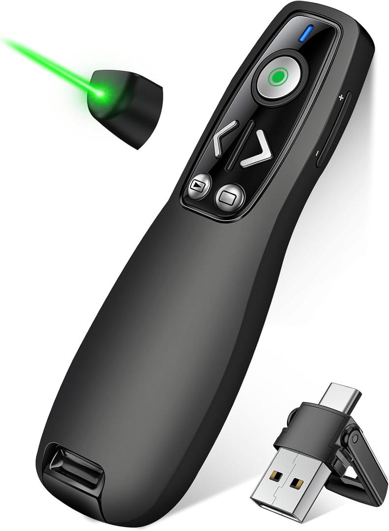 2-in-1 USB Type C Presentation Clicker Wireless Presenter Remote with Green Light for PowerPoint, Powerpoint Clicker with Volume Control PowerPoint Slide Advancer for Mac, Computer, Laptop