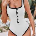Saodimallsu Womens One Piece Swimsuit Vintage Ribbed Slimming High Cut Color Block Button Square Neck Bathing Suit (White, S)
