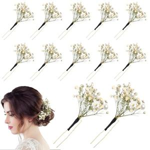 Daifunli 12 Pcs Baby's Breath Hair Pins for Wedding Bridal Shower Dried Flower Accessories Hair Pins with Pearl for Brides Bridesmaid Women Girls