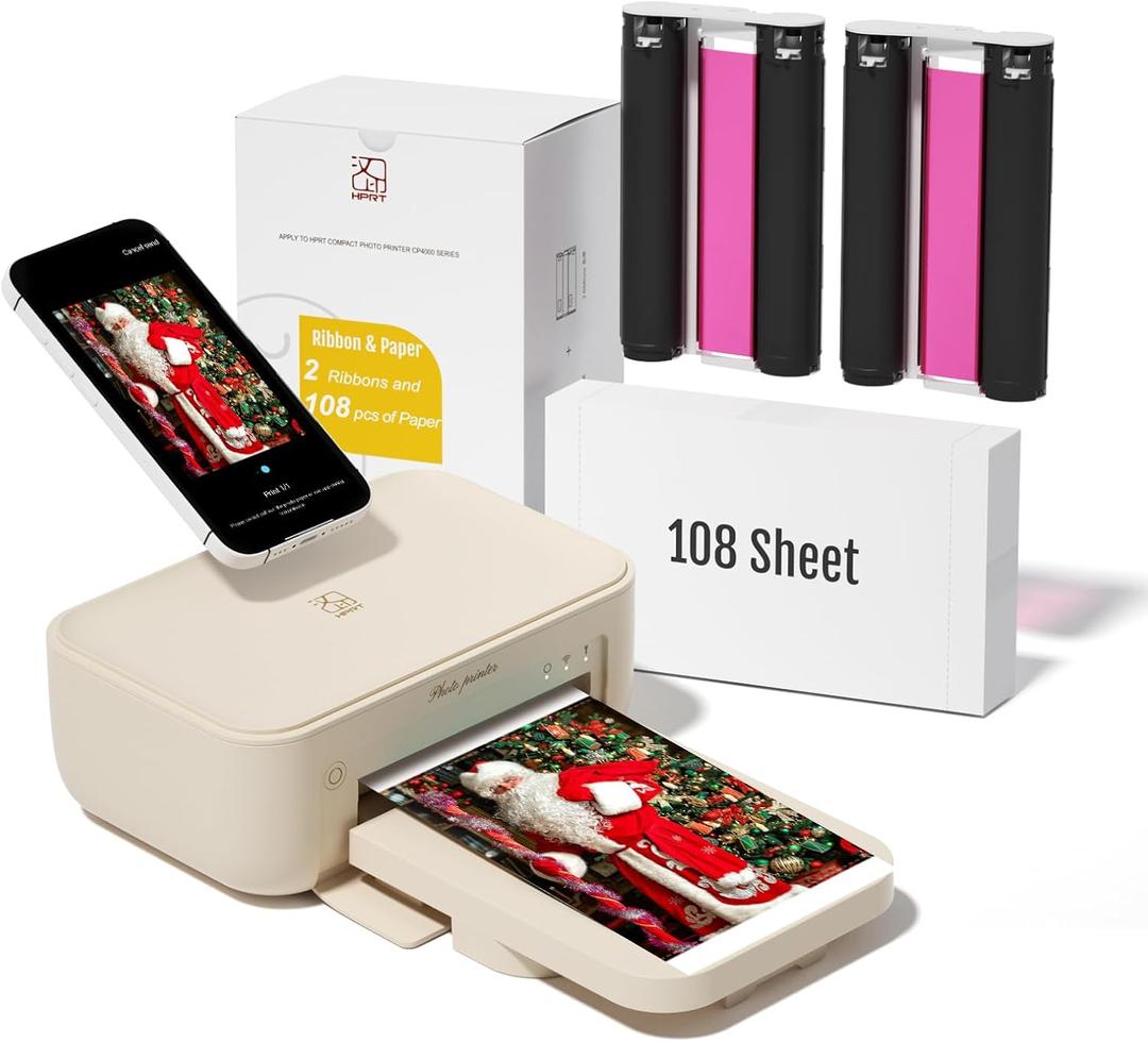 HPRT 4x6 Photo Printer with 108 Sheet Photo Paper& 2 Ribbon, Desktop Instant Picture Printer for iPhone, Smartphone, Thermal Dye Sublimation, WI-Fi Connnecting, Home Use, Beige