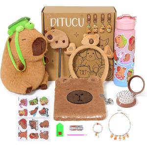 Ditucu Turtle Capybara Plush Gifts for Girls 4 5 6 7 8 9 10 Years Old with Stuffed Animal/Stickers/Water Bottle/Keychains/Diary/Pen/Headband/Comb/Necklace/Bracelet Plushies Toys Set