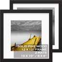 Tiblue 12x12 Picture Frames Black Made of Solid Wood Display Pictures 10x10 or 8x8 with Mat or 12x12 without Mat – Each 12x12 Inch Square Photo Frames with 2 Mats for Wall or Tabletop Mount, Set of 2