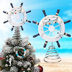 Natural Christmas Tree Topper Coastal Treetop Decoration 12 Inch Beach Nautical Ship Wheel Christmas Tree Topper Ornaments for Xmas Festival Sea Beach Themed Party Decor Home Office