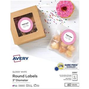 Avery Glossy White Labels, Sure Feed Technology, 3" Round Labels, Print-to-The-Edge, Laser/Inkjet, 60 Total (22891)