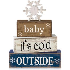 4 Pcs Winter Wooden Tabletop Decor Snowflake Tiered Tray Decor Winter Centerpiece Rustic Snow Block Signs Farmhouse Table Shelf Decoration for Home Office Party