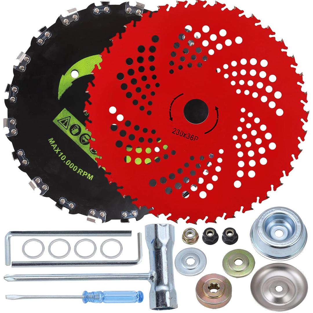 PLAXNS 9" x 36 Teeth Carbide Tipped Blades & 9" x 20T Chainsaw Tooth Cutter,Round Chainsaw Tooth Brush Blades with Universal Adapter Kit, fit for Brush Cutter, Trimmer, Weed Eater