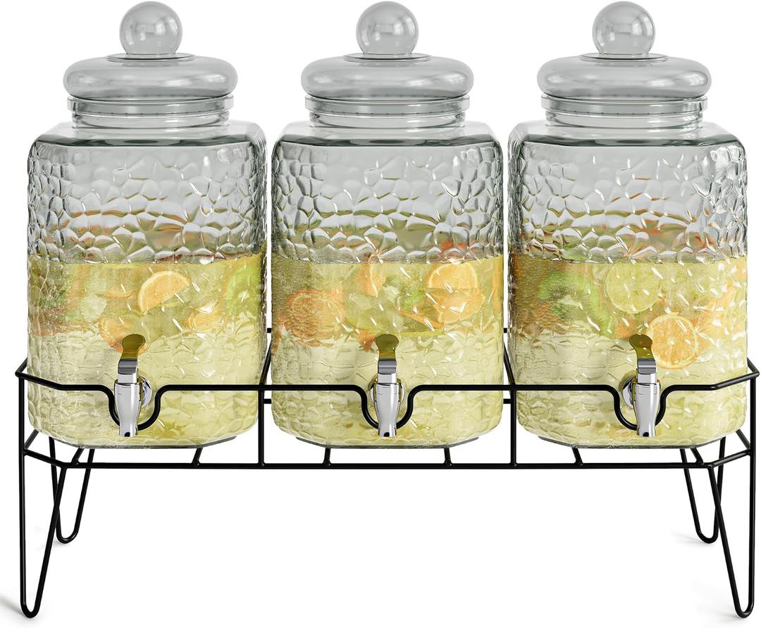 Style Setter Premium Glass Drink Dispensers with Metal Stand for Parties Beverage Dispenser Set for Cold Drinks, Lemonade, Cocktails, Juice Party Glass Drink Dispenser Station - 1.5 Gal, Set of 3