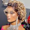 Ombre Blonde Pixie Cut Lace Front Wigs 6 inch Human Hair 13X1 Pixie Cut Short Curly Wigs HD Lace Front Wigs Plucked Pixie Curly Wigs for Black Women (6 Inch, 1B/27#)