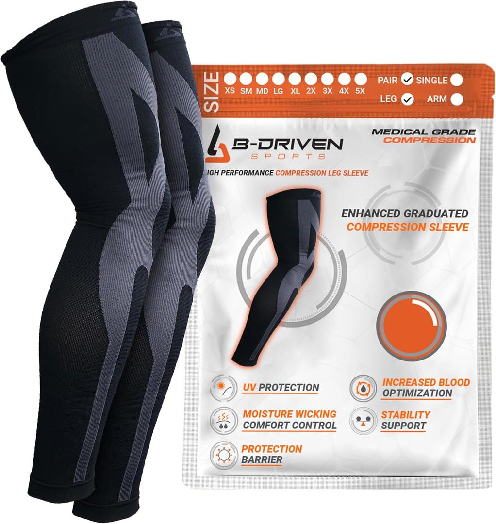 B-Driven Sports Full Leg Compression Sleeves, Graduated Compression 20-30mmHg, Thigh to Ankle, Medical Grade, Calf, Knee, Varicose Veins, Running, Sports, Men & Women - 1 Pair (X-Small)