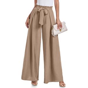 Lepunuo Wide Leg Pants for Women High Waisted Palazzo Pants Work Casual Flowy Tie Knot Trousers with Pockets (X-Large, A - Coffee Grey)