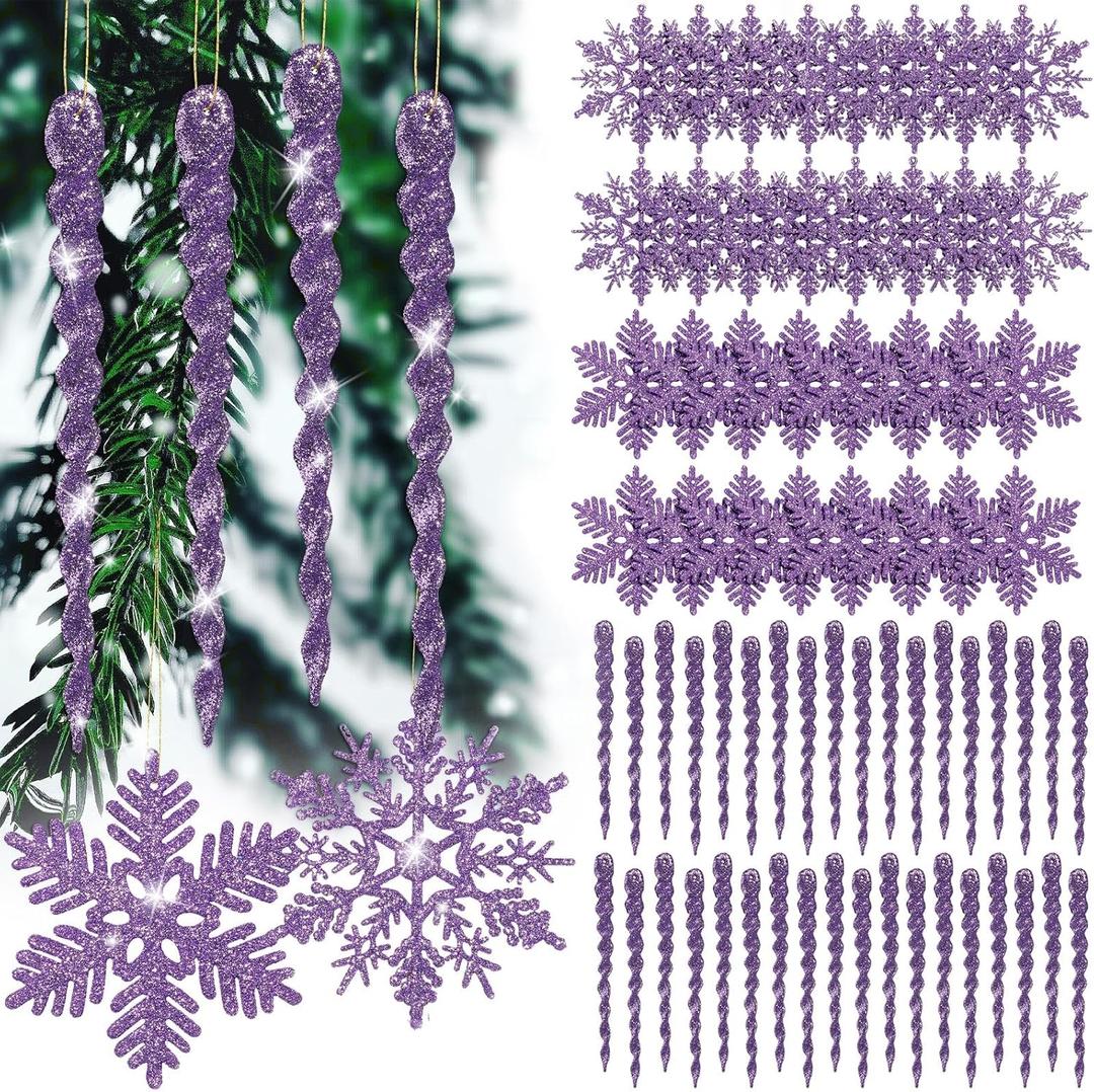 Deekin 72 Pieces Snowflake Icicle Ornaments for Christmas Tree Snowflake Twisted Icicles Glitter Hanging Decorations for Winter Xmas Tree New Year Party Supplies(Light Purple)
