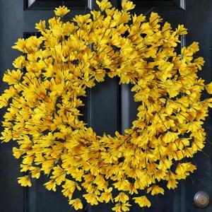 26 Inch Artificial Yellow Forsythia Wreath for Front Door, Large Faux Forsythia Wreath Spring Summer Flower for Fireplace Farmhouse Wall Window Home Outdoor Decorations