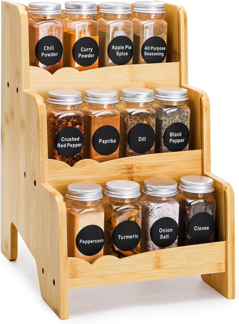 Jucoan Small Spice Rack Organizer Countertop, 3 Tier Bamboo Spice Rack Seasoning Organizer for Kitchen Cabinet Pantry Countertop Holding 12 Jars, Jars No Included