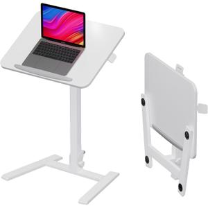25 Inch Mobile Folding Desk - No Assembly, Pneumatic Sit-Stand, 29-42" Height Adjustable Rolling Laptop Desk with Hidden Wheels, 0-90 Tilt Top for Home Office, Craft & Study (White)
