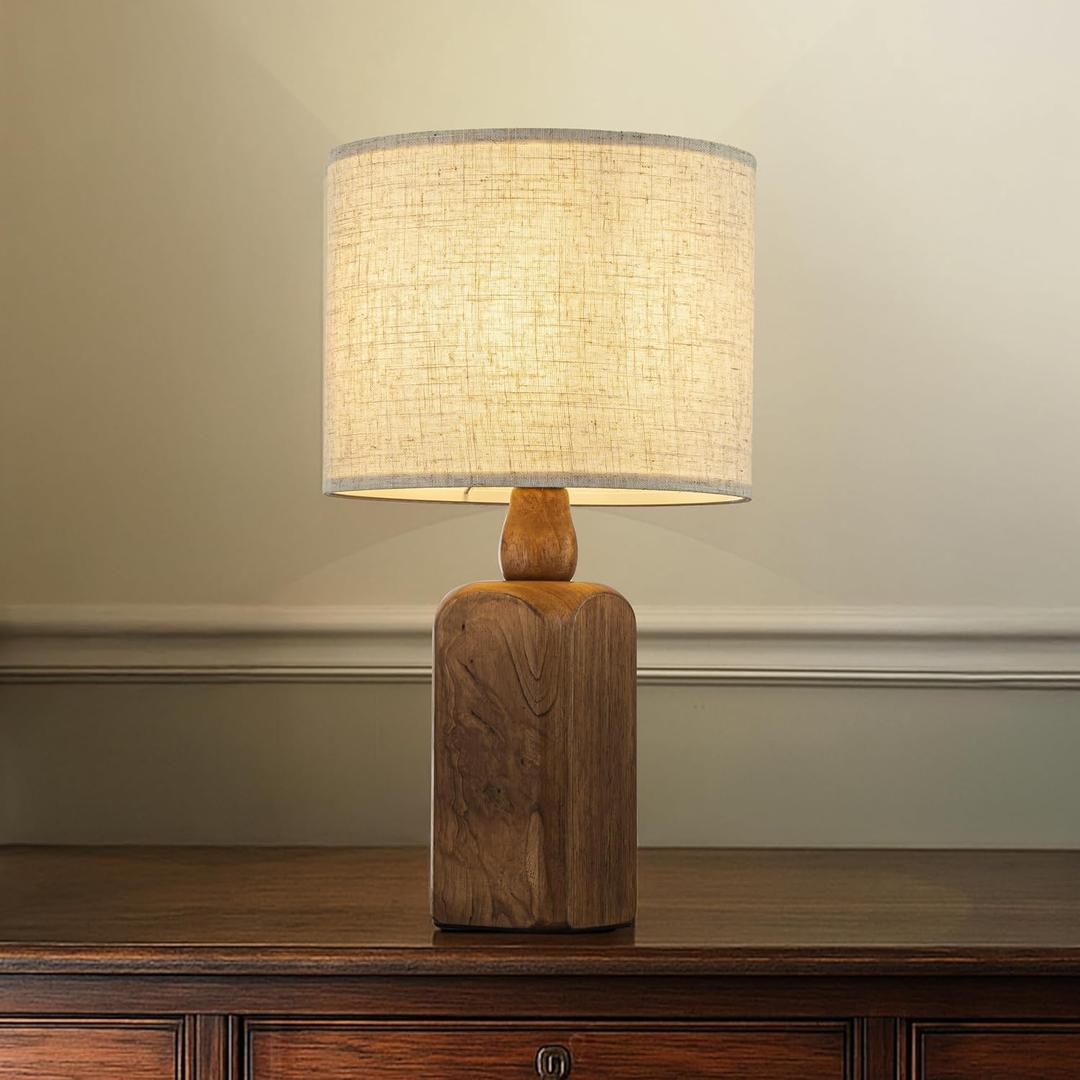 18in Farmhouse Traditional Natural Brown Solid Wood Base Table Lamp with Beige Fabric Shade for Bedroom Living Room