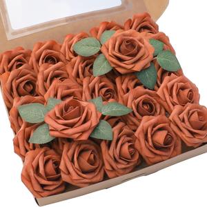 Floroom Artificial Flowers 25pcs Real Looking Burnt Orange Foam Fake Roses with Stems for DIY Terracotta Wedding Bouquets Bridal Shower Centerpieces Floral Arrangements Party Tables Home Decorations