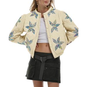 Gacaky Women's Lightweight Floral Embroidered Cropped Quilted Jacket Winter Warm Button Down Puffer Jacket Coat with Pockets (XXL)