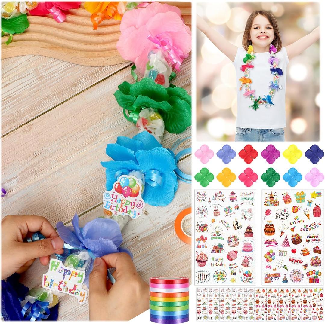 Waydress 24 Set Hawaiian Birthday Candy Lei Making Kit Include 24 Pcs Birthday Candy Lei Tubing Supplies with Flower Petal Birthday Stickers Ribbon for Party Birthday Gift Favor