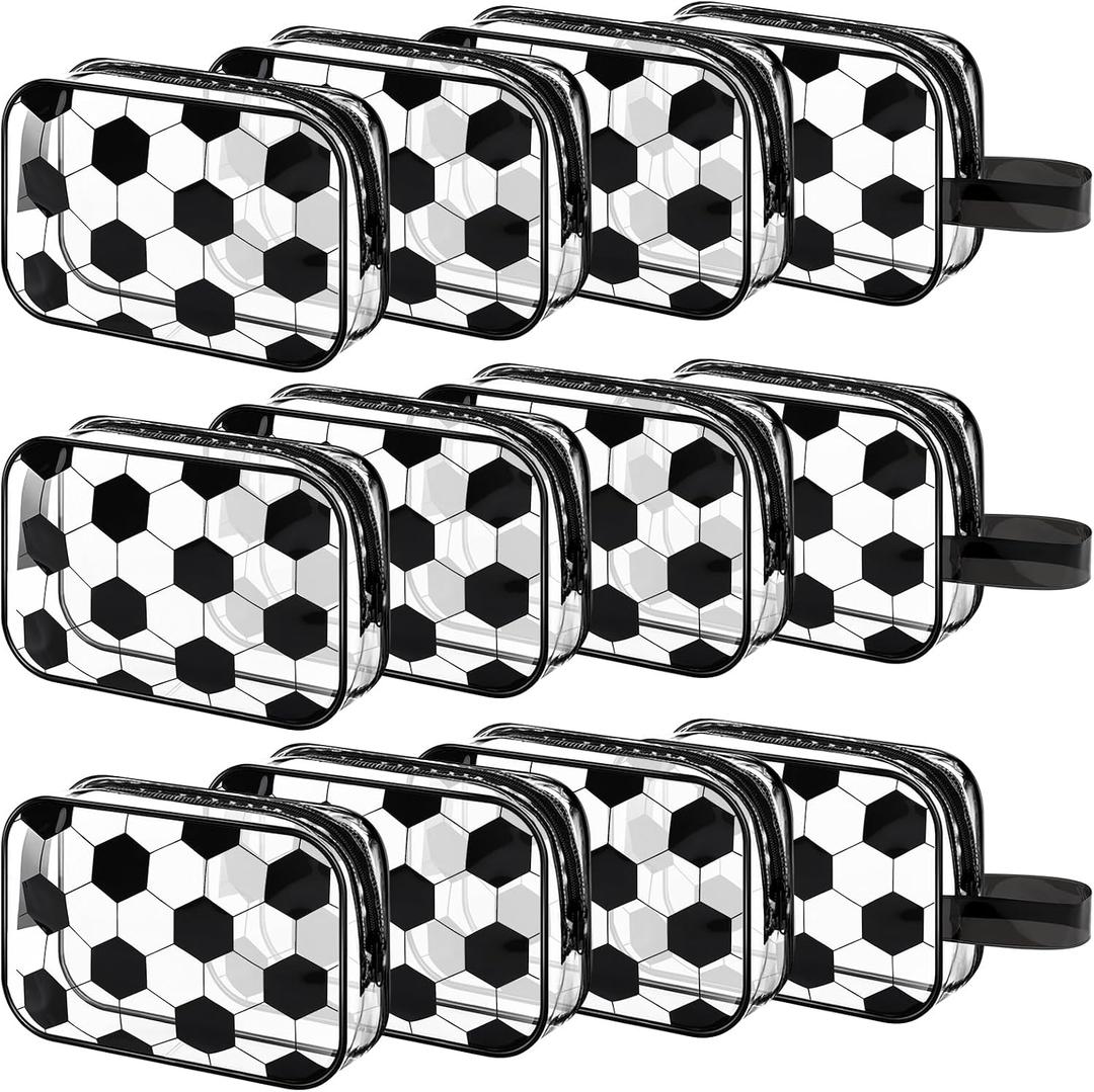 Lonfliness 12 PCS Soccer Cosmetic Bags Soccer Goodie Bags PVC Waterproof Makeup Bag Portable Travel Toiletry Punch Organizer for Soccer Team Gifts, Soccer Coach, Girls Player Sport Party Favors (EXP 07/01/26)