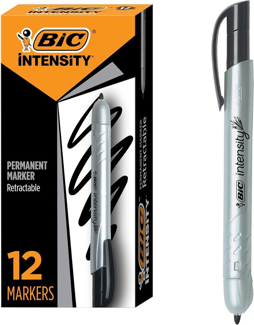 BIC Intensity Retractable Permanent Markers, Fine Bullet Tip, Black, 12-Count Pack, Permanent Markers for Teachers and Office Supplies