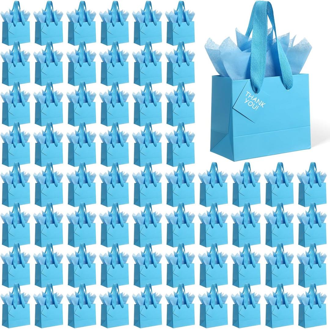 Qilery 50 Pcs Wedding Paper Gift Bags Bulk with Tissue Paper Small Gift Bags with Handle and Tags for Birthday Wedding Mothers' Day Party Business(Light Blue,4.7 x 2.4 x 3.9'')