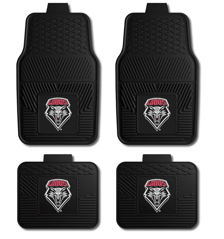 FANMATS 40069 University of New Mexico 4-pc Vinyl Car Mat Set | Black | Front & Rear Car Mats | Lobos Wolf Head Primary Logo
