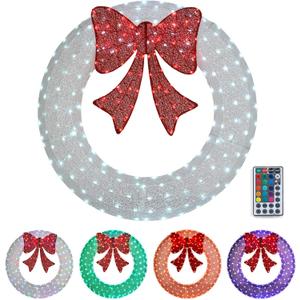 VINGLI 48 Inch Large Christmas Wreath, Outdoor Christmas Wreath for Garage, Windows, Christmas Door Wreath Decorations with Red Bow, Timer Remote Control, Plug-in, White