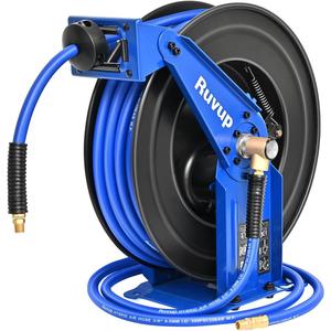 Ruvup Retractable Air Hose Reel, 3/8" x 75ft Air Compressor Hose Reel Auto Rewind Hybrid Hose Max 300PSI with 6.5ft Lead Hose Heavy Duty Steel Double Arm with 12-Position Ratchet Lock