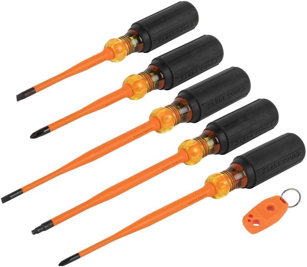 Klein Tools 33736INS Insulated Screwdriver Set, Made in USA, 1000V Slim-Tip Driver with Phillips, Cabinet and Square Bits and a Magnetizer, 6-Piece (One Size)