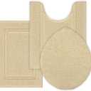 SHACOS Microfiber Bathroom Rugs Set of 3 with Toilet Lid Cover Non Slip Washable Bath Mat Absorbent Bathroom U Shape Toilet Rug 20"x24"+Toilet Lid Cover 19"x21", Light Beige