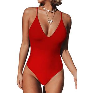 Women's One Piece Swimsuit Sexy V Neck Cross Back Bathing Suit High Cut Backless Swimwear (Red), Size: M