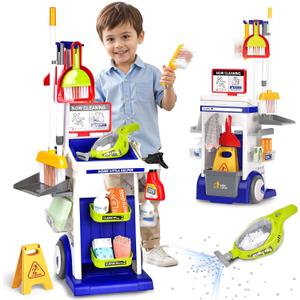 Pupu Pig Kids Cleaning Toy Set, Toddler Cleaning Set, Pretend Play Cleaning Toys with Handheld Vacuum that Really Works,Cleaning Supplies,Cleaning Cart for Kids Toddler Christmas Birthday Gift(Blue)